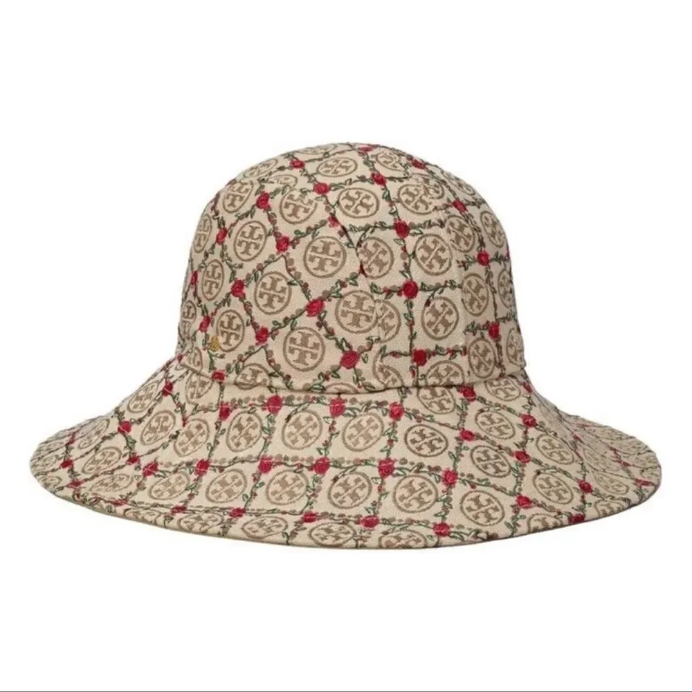 Tory Burch OS Beige Tan Red Monogram Embroidered Climbing Rose Bucket Hat